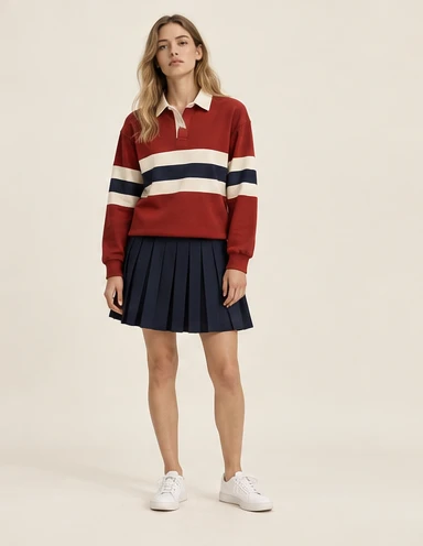 AI-generated independent concept, look 08: Brick rugby pullover · navy pleated skirt, front view.