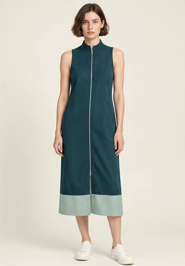 AI-generated independent concept, look 12: Teal zip dress · seafoam hem panel, front view.