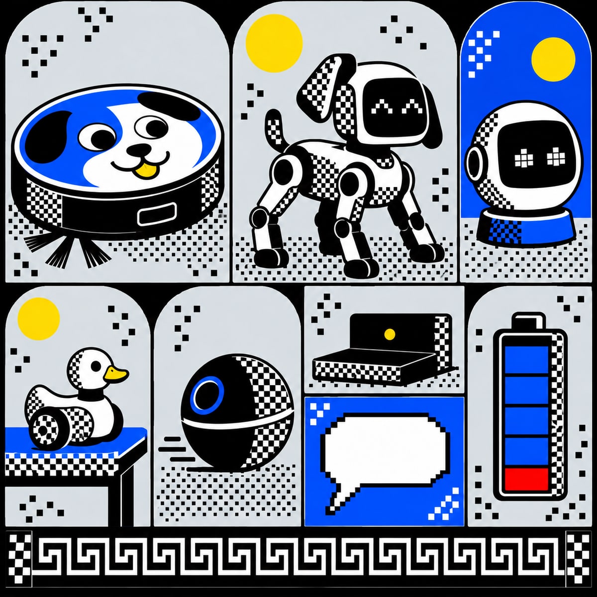 Illustrated specimen sheet of house robots