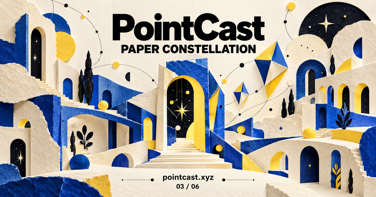 PointCast Paper Constellation: ivory, ultramarine, and yellow paper doorways with floating stars and kites.