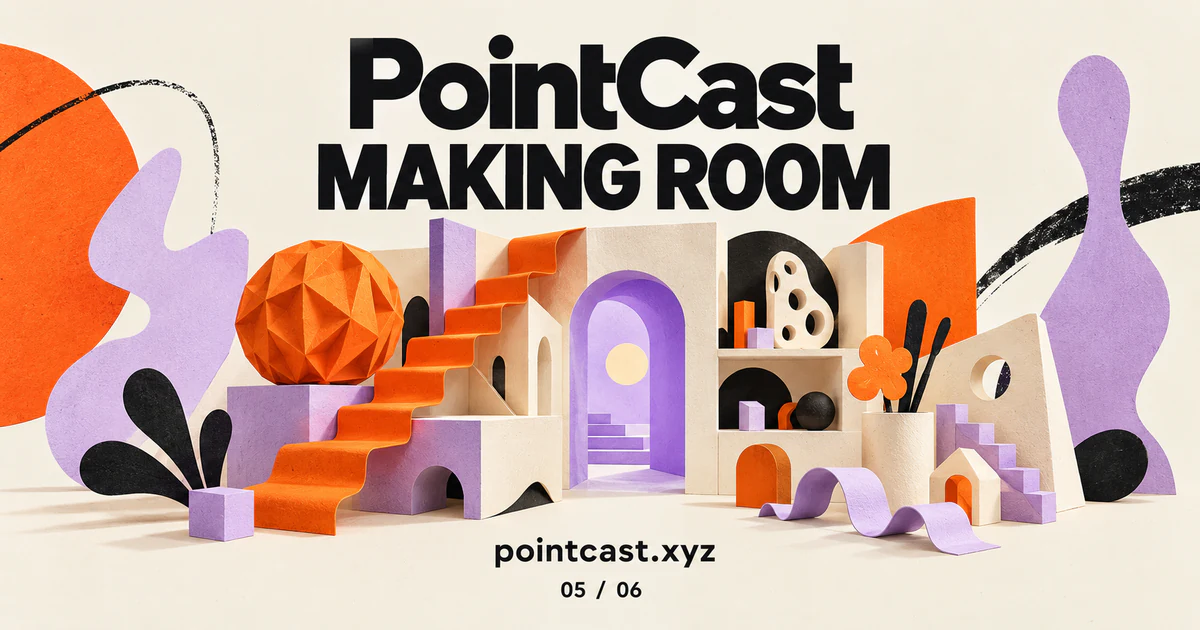 PointCast Making Room: an orange and lilac folded-paper workshop with arches and tools.