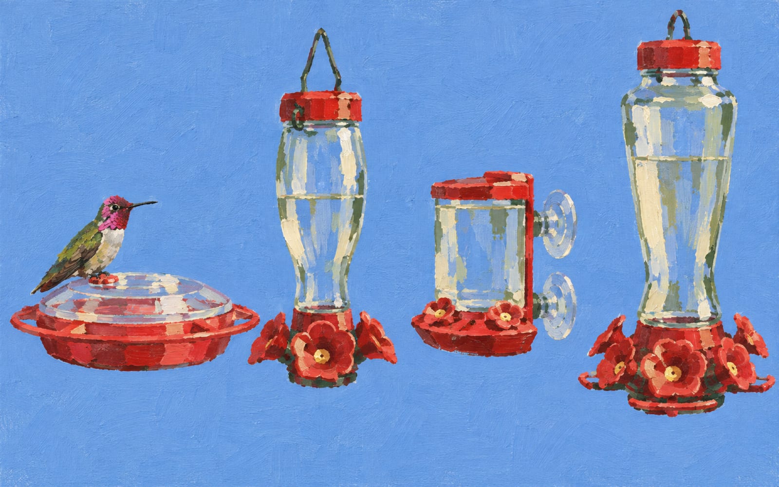 A painted plate of four red-and-clear hummingbird feeders on a blue ground: a covered saucer with a hummingbird perched on its lid, a hanging glass bottle with flower ports, a small window feeder with two suction cups, and a tall high-capacity bottle