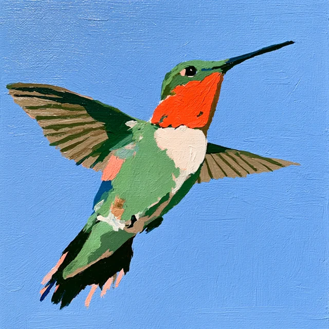A green hummingbird with a vivid red throat and cream belly spreads its wings against a clear blue painted sky.