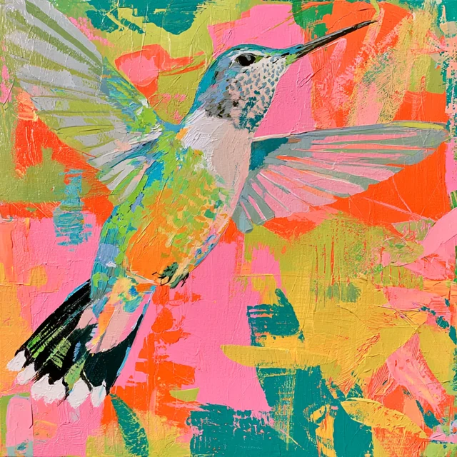 A hummingbird in flight sits within an abstract patchwork of pink, orange, yellow and green brushstrokes.