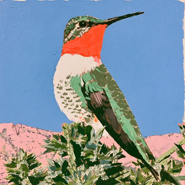 A red-throated green-and-white hummingbird perches above foliage and pink hills under a blue sky.