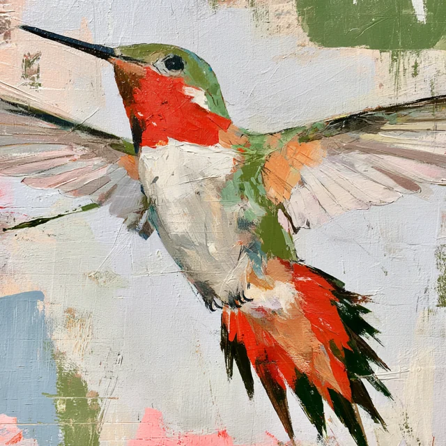 A loosely painted hummingbird spreads pale wings, with a red throat and red-black tail against white and gray brushstrokes.