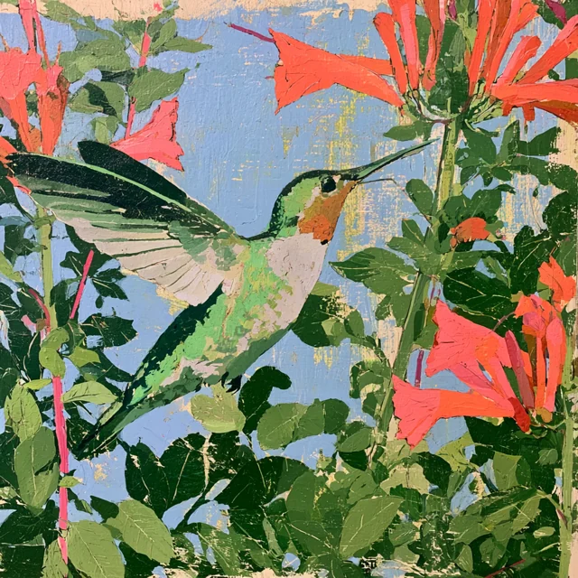 A soft green hummingbird hovers among leafy branches and coral flowers against patches of blue sky.