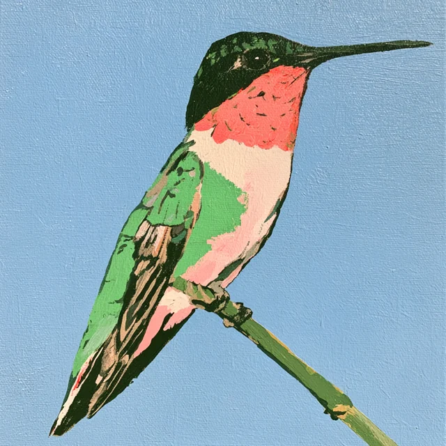 A green hummingbird with a dark head and pink throat rests on a thin diagonal branch against pale blue.