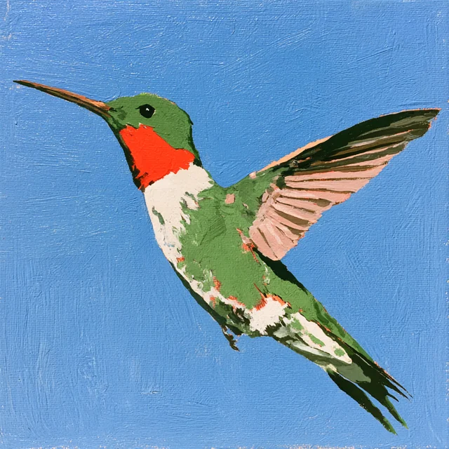 A green hummingbird with a red throat and white belly flies with both wings extended against blue.
