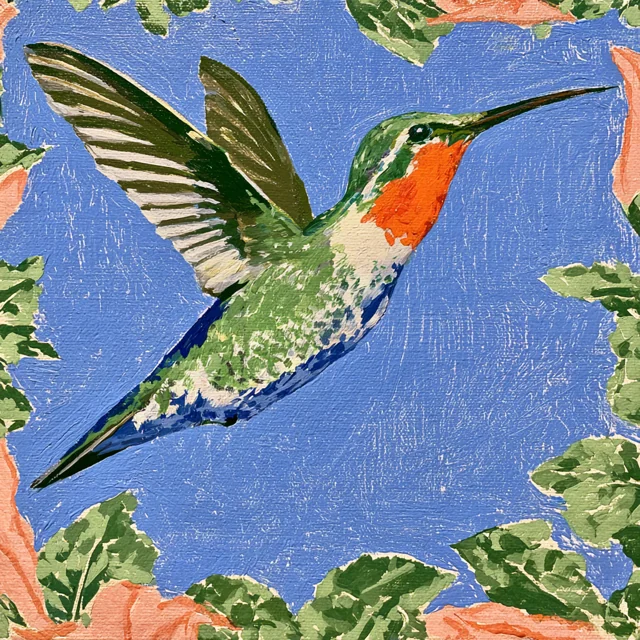 A green-and-white hummingbird with an orange throat and one wing lifted flies through a blue opening framed by leaves.