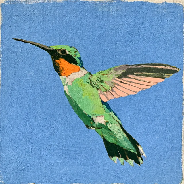 A green hummingbird with a golden throat and pink wing banks against a blue painted sky.