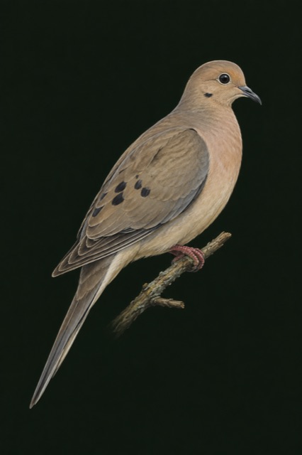 A Mourning Dove perched on a twig against deep green