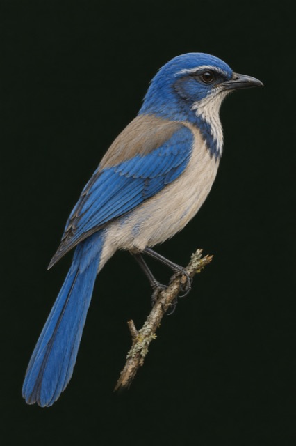 A California Scrub-Jay perched on a twig against deep green