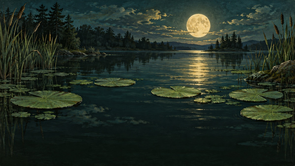 A still moonlit pond with lily pads and reeds