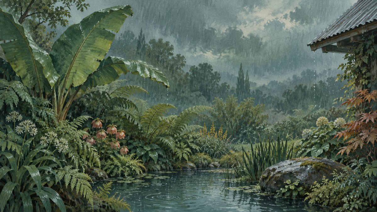 A lush garden with banana leaves, ferns, a small pond, a wet stone, and a tin roof beneath a grey-green rainy sky