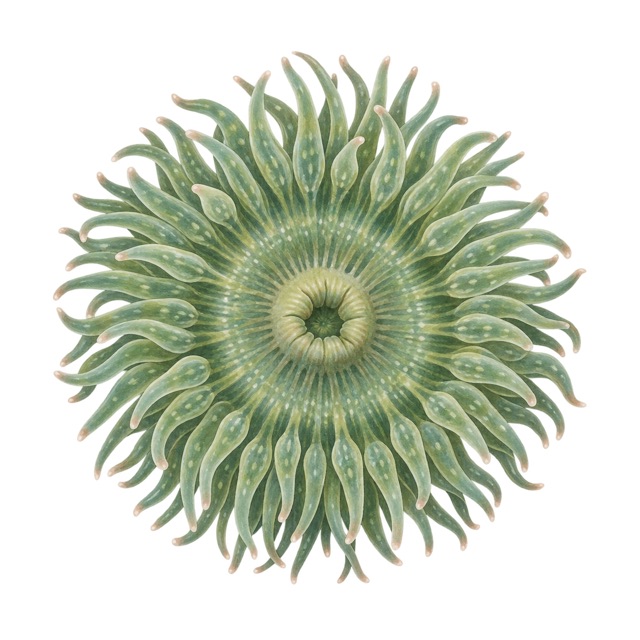 A green sea anemone open in a ring of soft tentacles
