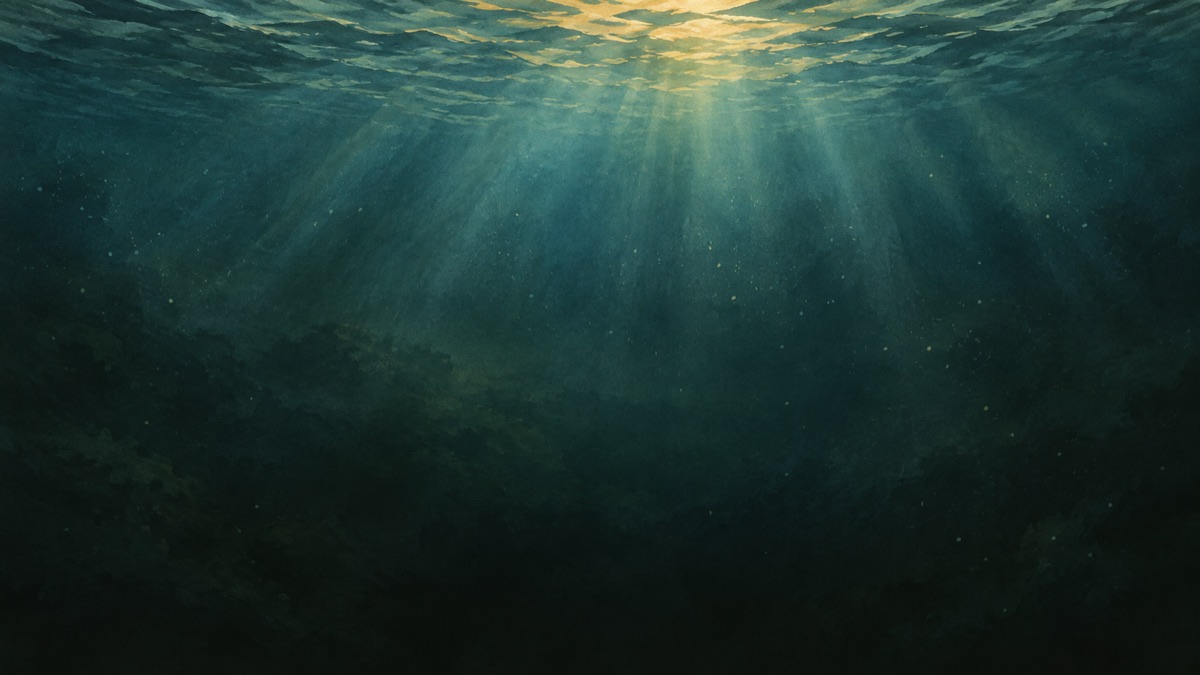 Gouache deep ocean with sunbeams fading into dark green water