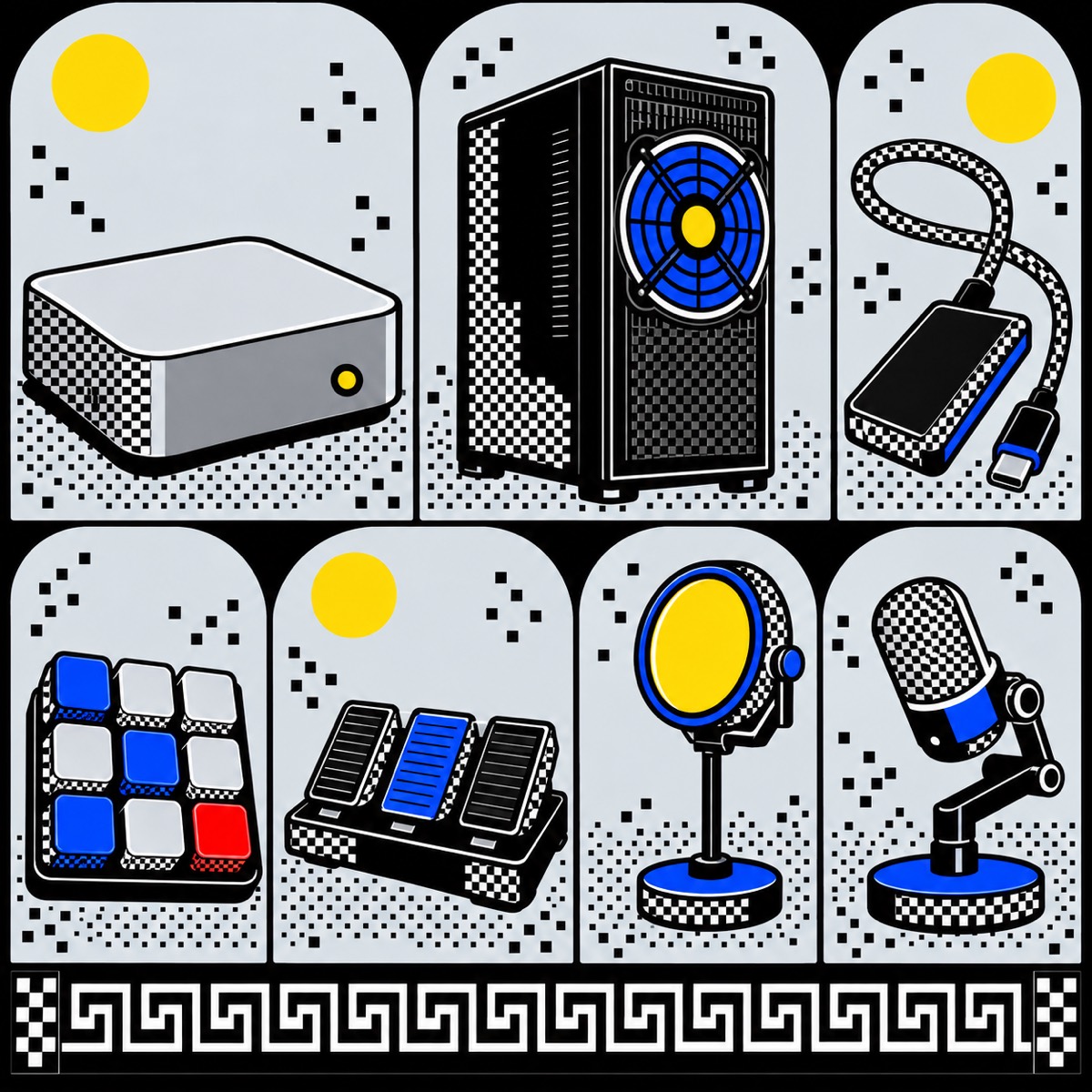 Specimen sheet of desk hardware: computers, a drive, a macro pad, a pedal, a light and a mic