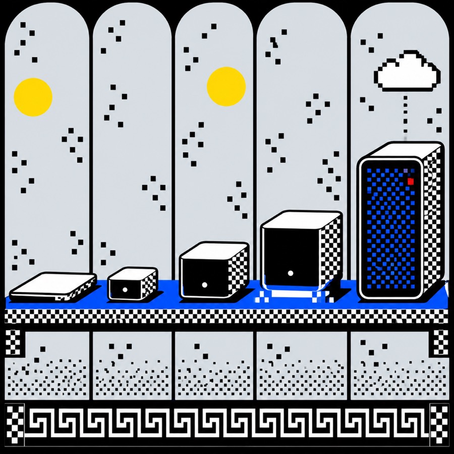 Five computers on a shelf from a thin laptop to a tall tower, with a small cloud above