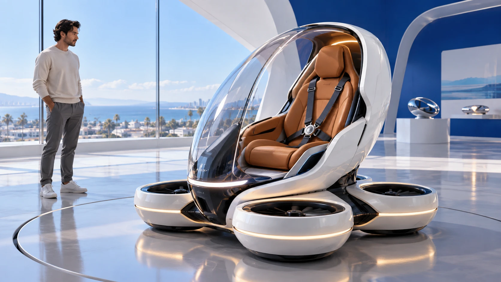 Single-seat futuristic white transit cocoon displayed in a coastal design gallery beside an adult for scale.