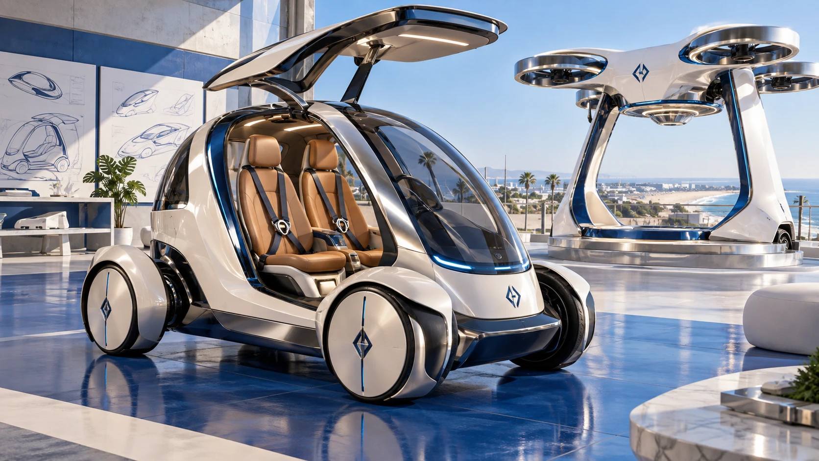 White two-seat ground pod with caramel seats beside a separate futuristic aerial carrier concept.