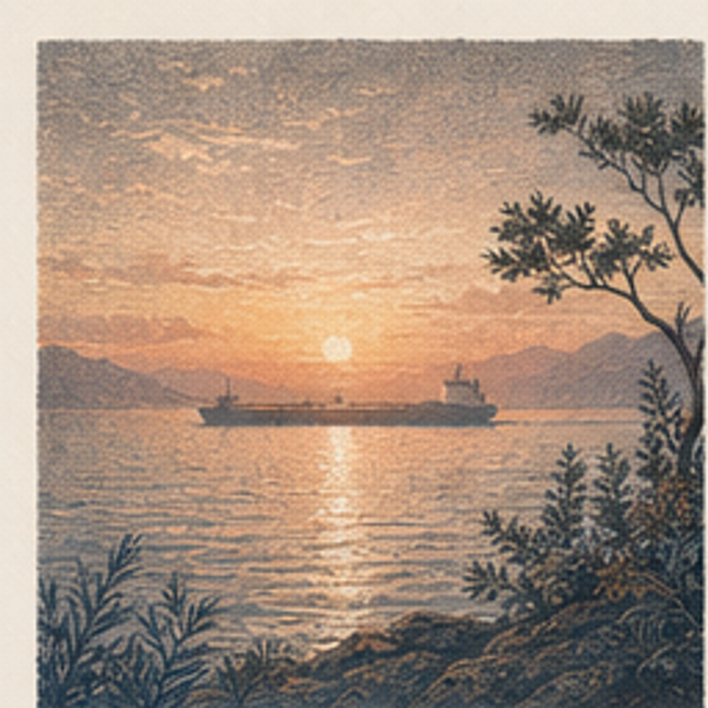 Sun Tanker: long oil tanker under low gold sun