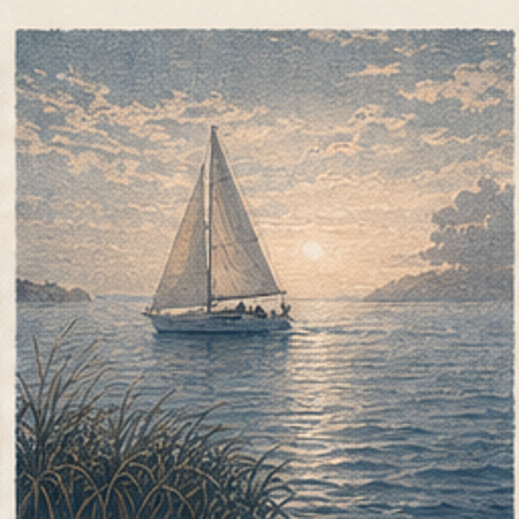 Silver Sail: single white sailboat under silver sun through marine haze
