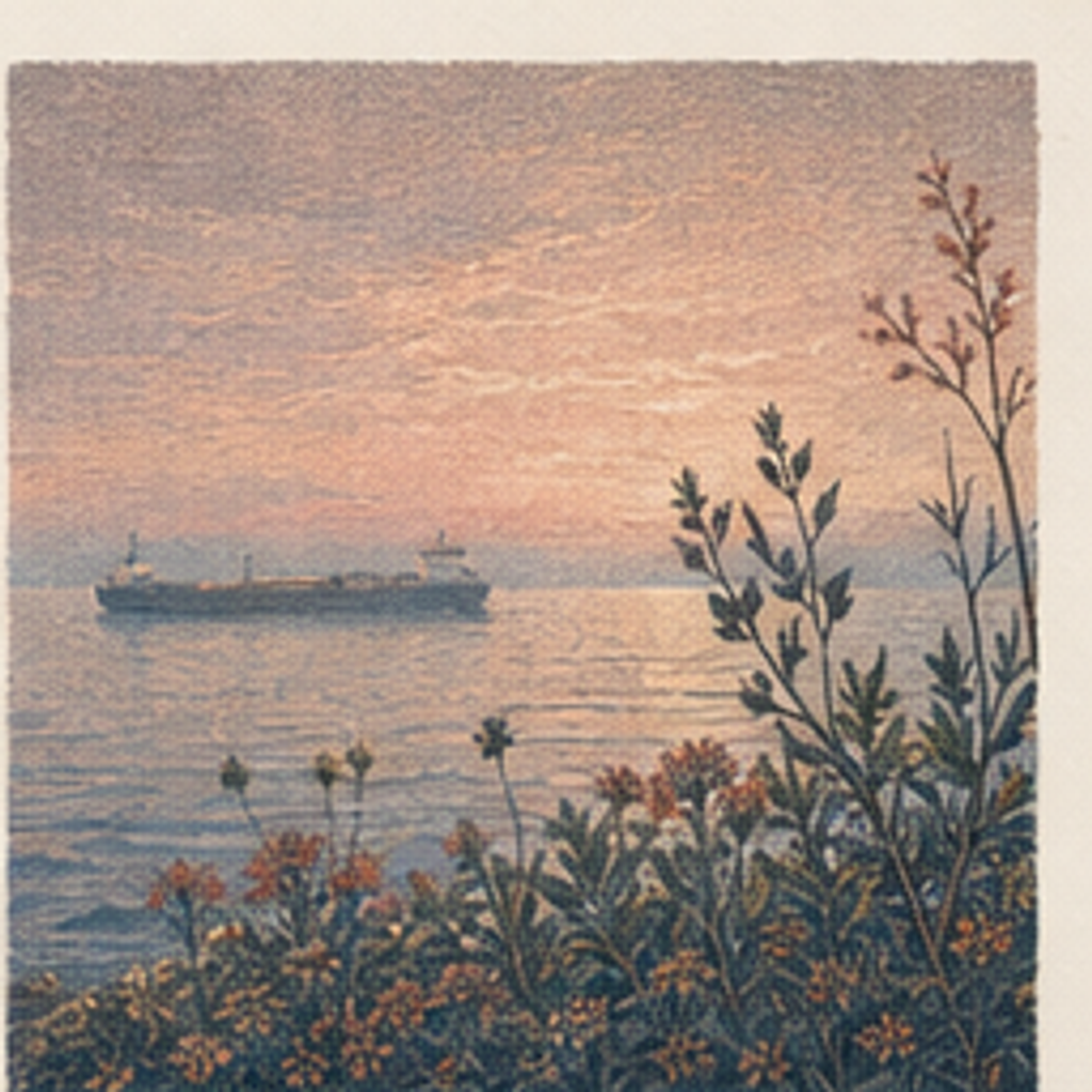 Distant Freighter: far freighter under rose sun