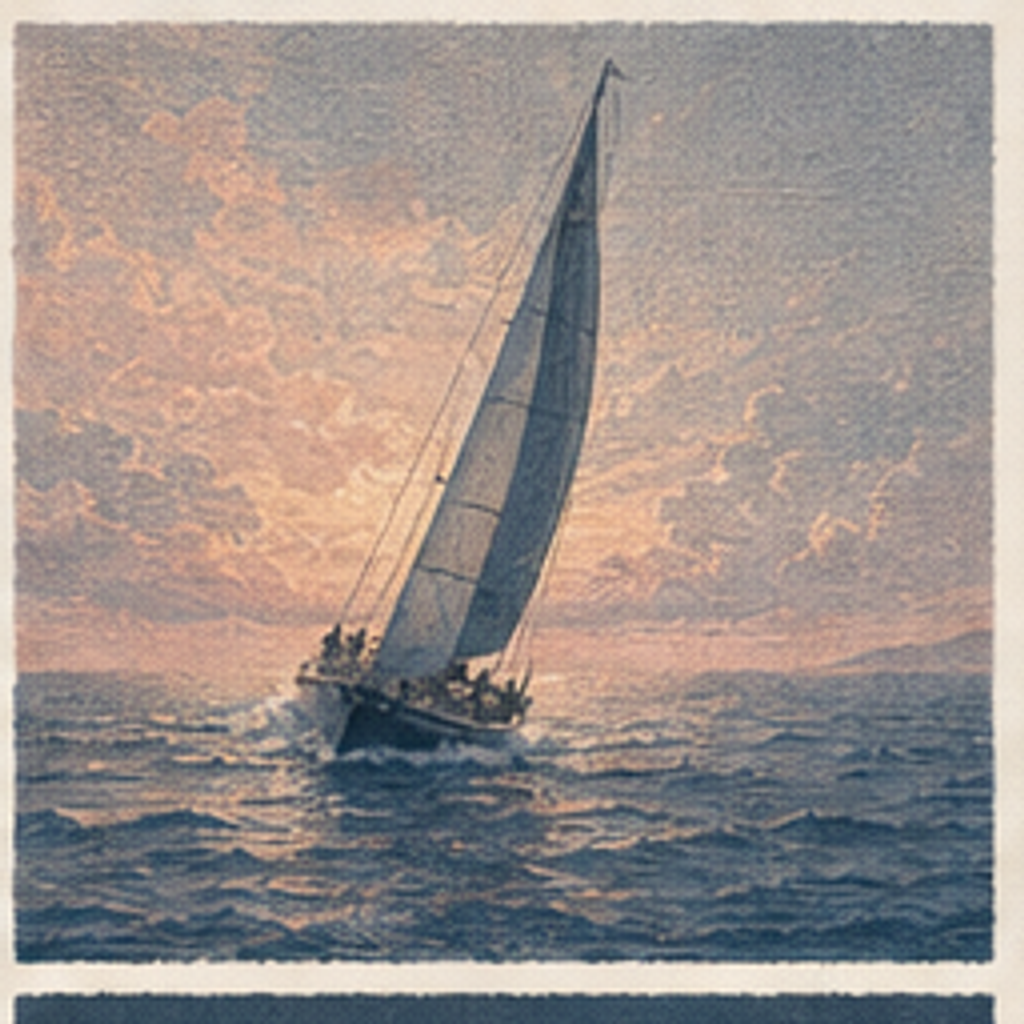 Solar Sail: heeled racing sailboat under bright solar disk