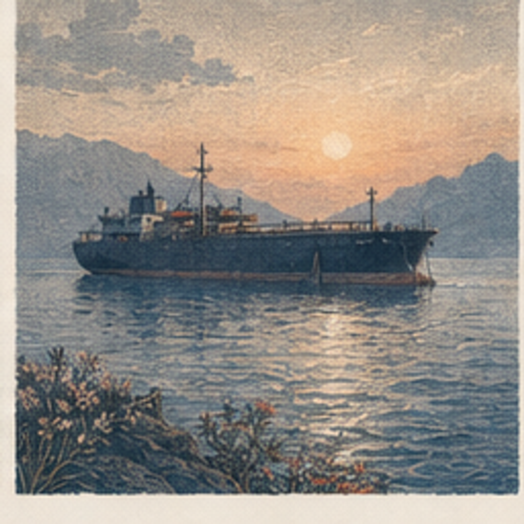 Long Oil Tanker: black oil tanker under muted morning sun