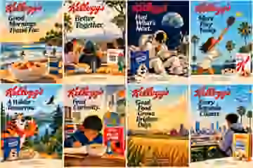 Eight generated retro advertising directions with coastal, sporting, mountain, breakfast and city scenes; unofficial Kellogg-branded study.
