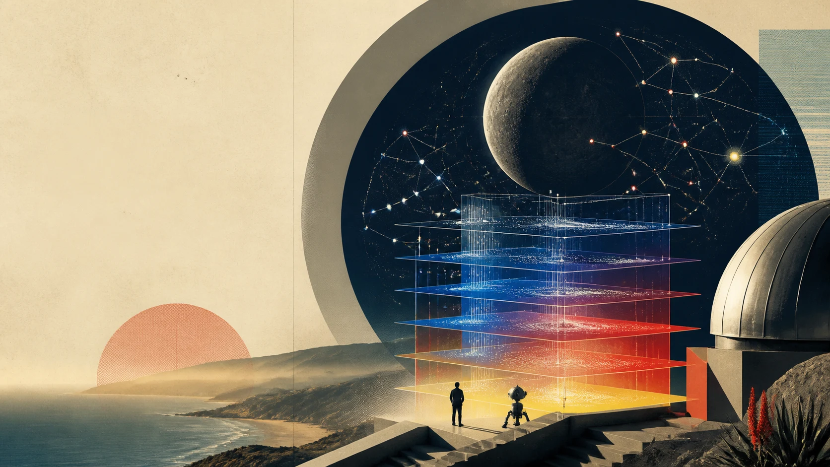A person and a small machine observe stacked luminous model layers beneath a moonlike model constellation.