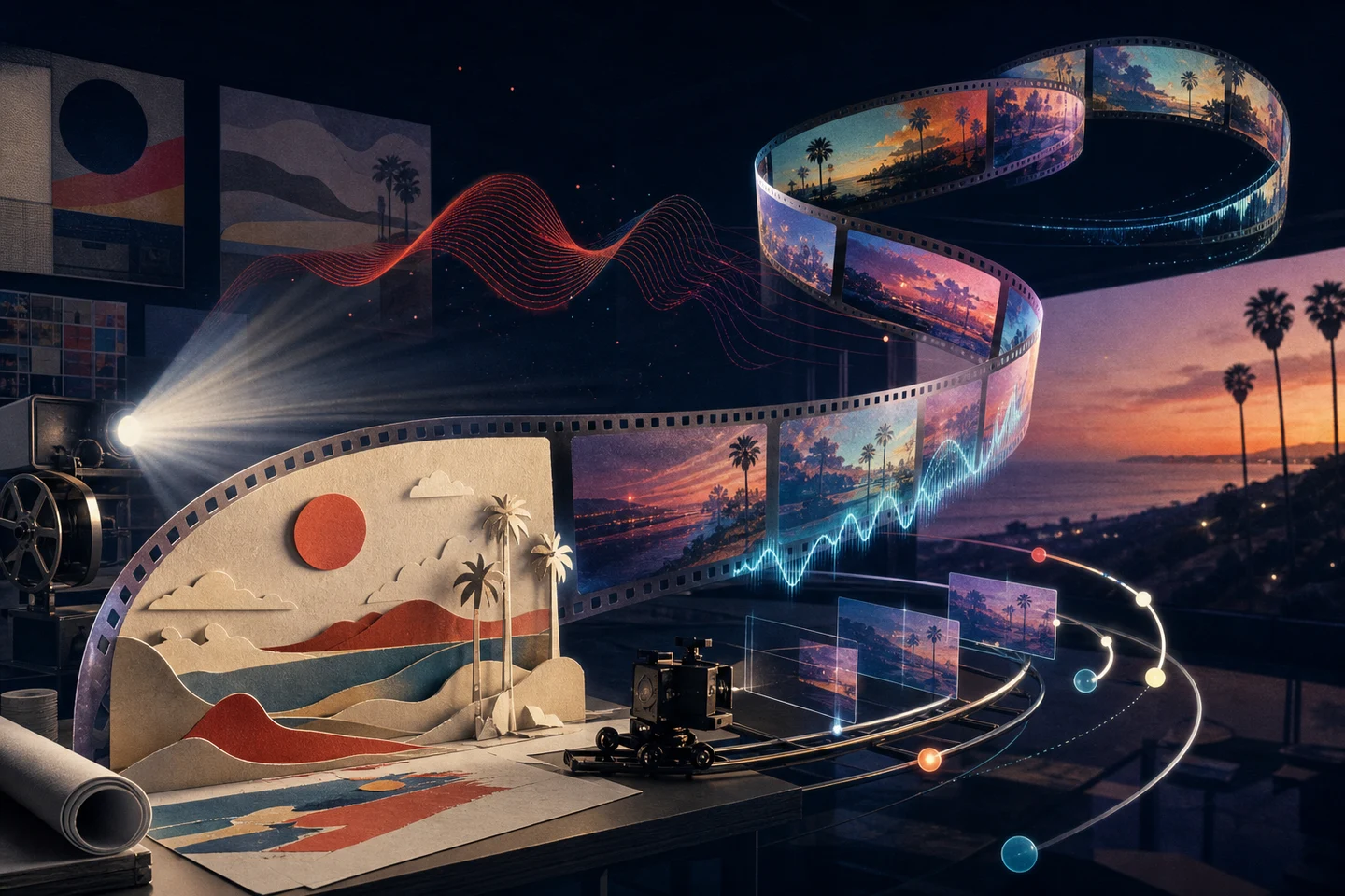 An editorial film room where a paper scene becomes a flowing strip of moving images and sound.