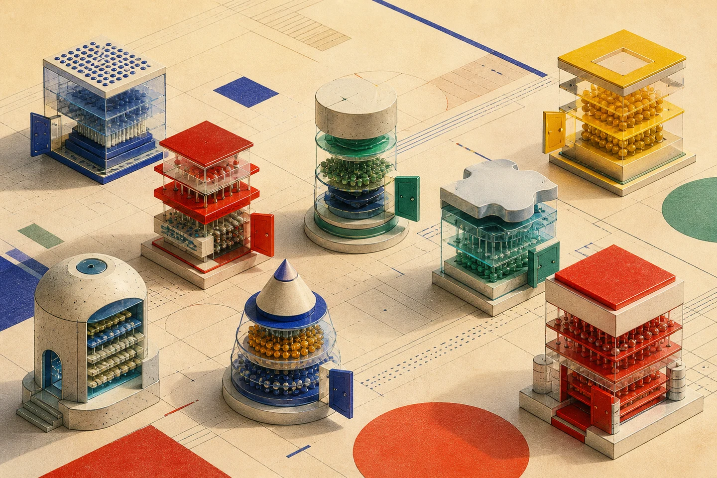 A tactile editorial workshop of modular transparent model structures with open doors.