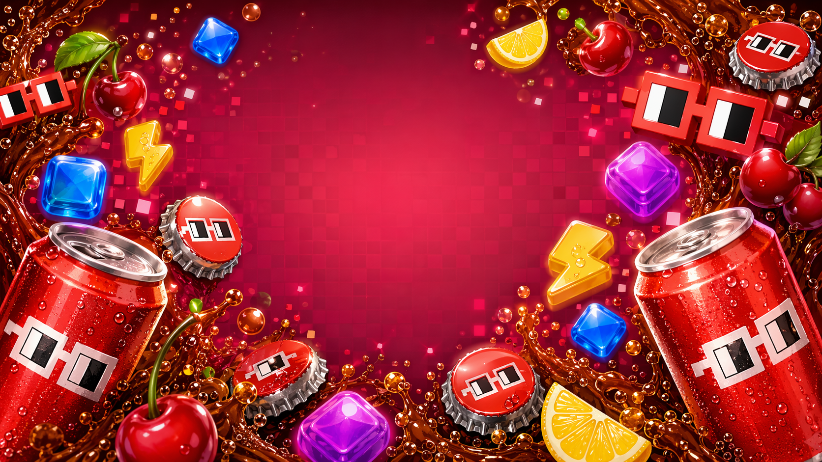 Nouns Cola arcade art with cans, bubbles, candy gems, and Nouns glasses