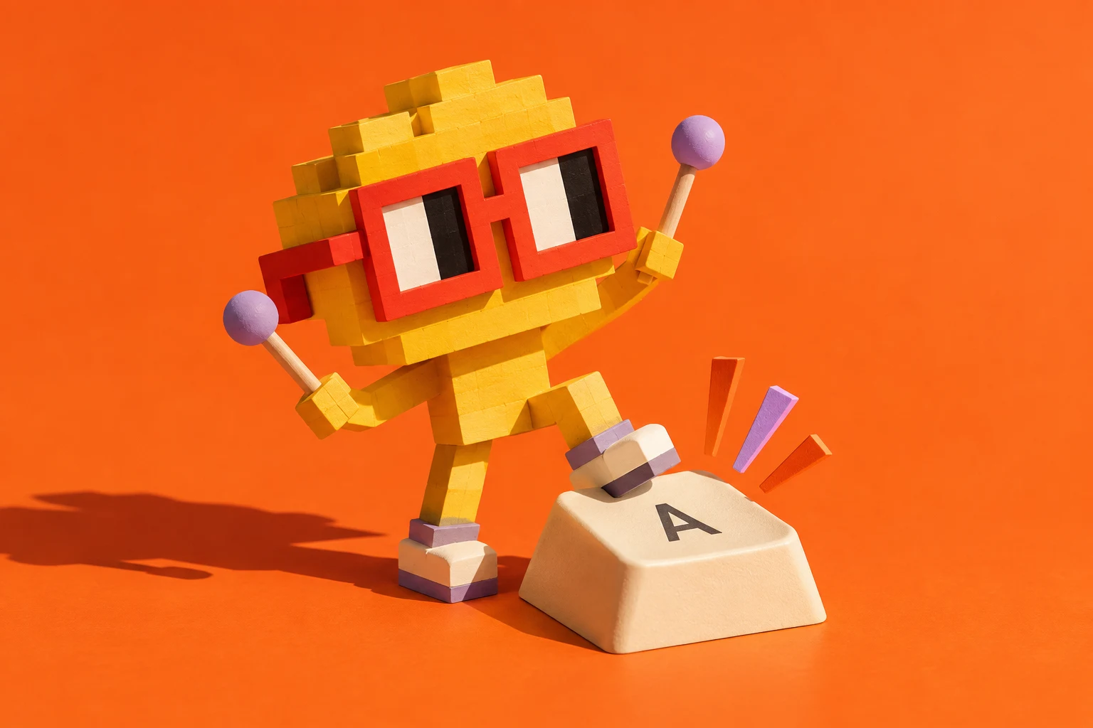 A joyful yellow Noun steps on a giant A key.