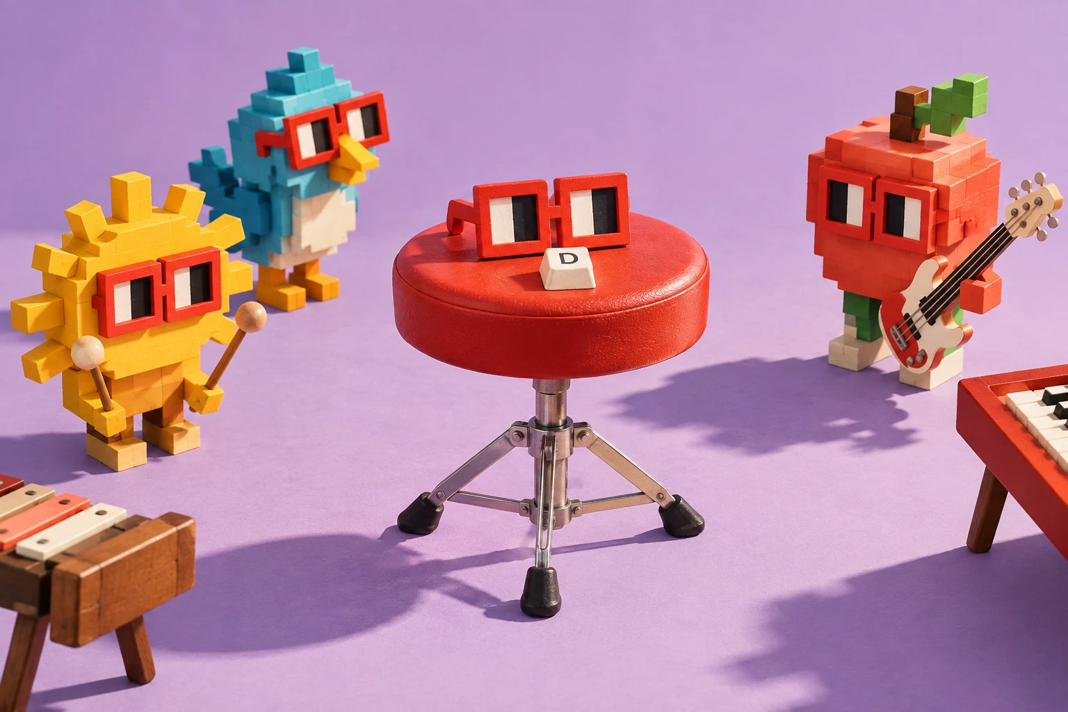 An empty stool and red Noggles wait for you among the Noun band.