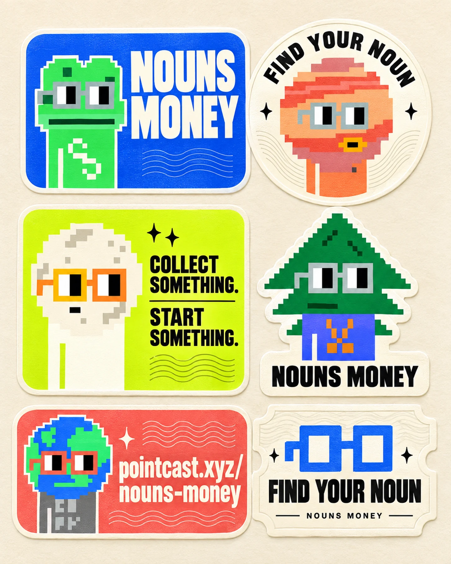 Six little starting points: generated Nouns Money campaign illustration