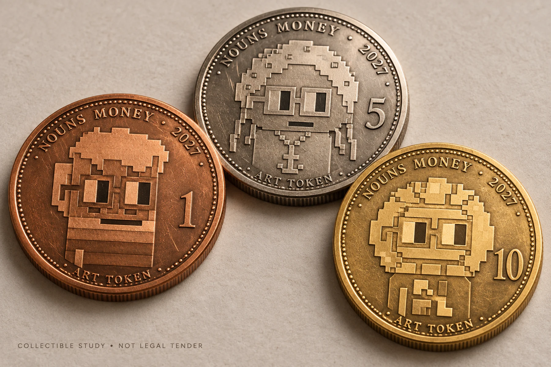 Generated three-coin Nouns Money collectible study in copper, silver and gold tones; no physical coins manufactured