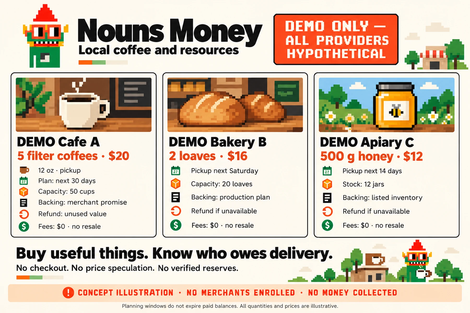 Generated demo marketplace with fictional café, bakery and apiary, illustrative prices and prominent hypothetical-provider labels