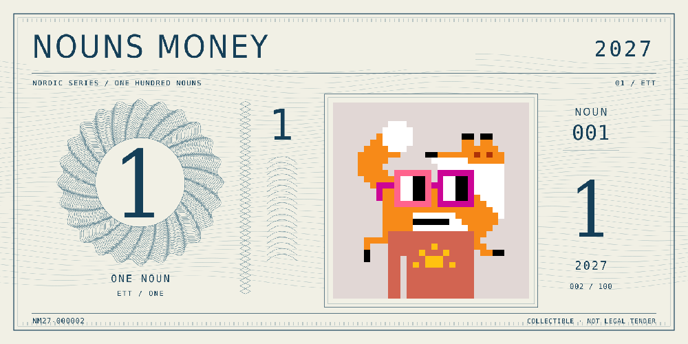 Nouns Money Nordic 2027 design with authentic Noun #1, design serial NM27-000002