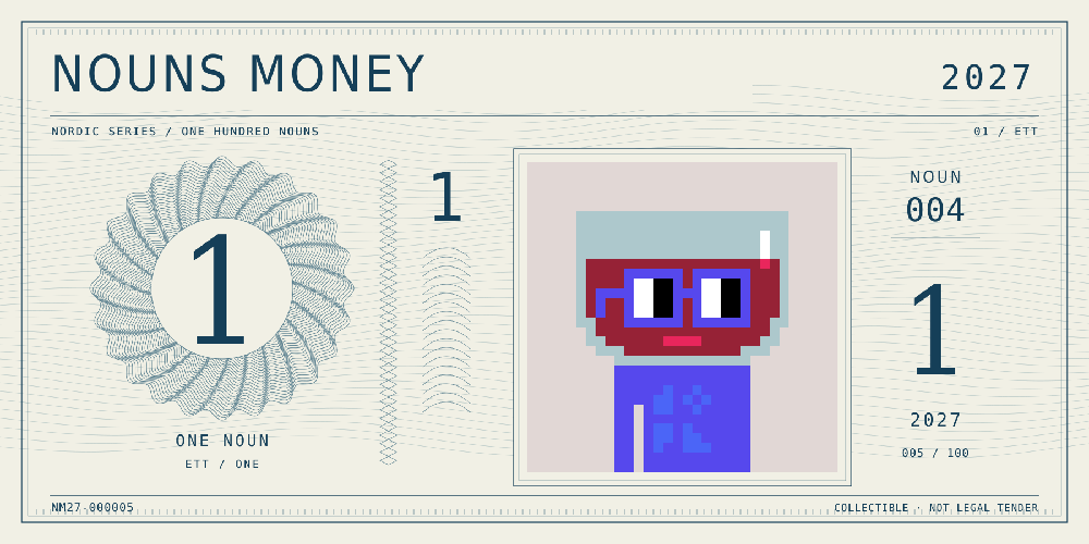 Nouns Money Nordic 2027 design with authentic Noun #4, design serial NM27-000005