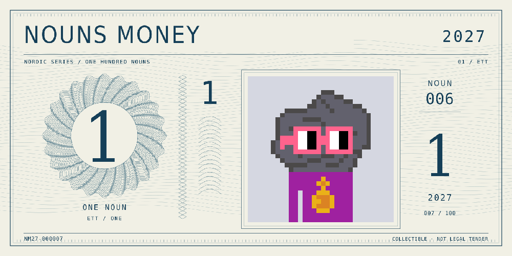 Nouns Money Nordic 2027 design with authentic Noun #6, design serial NM27-000007