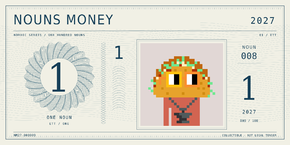 Nouns Money Nordic 2027 design with authentic Noun #8, design serial NM27-000009