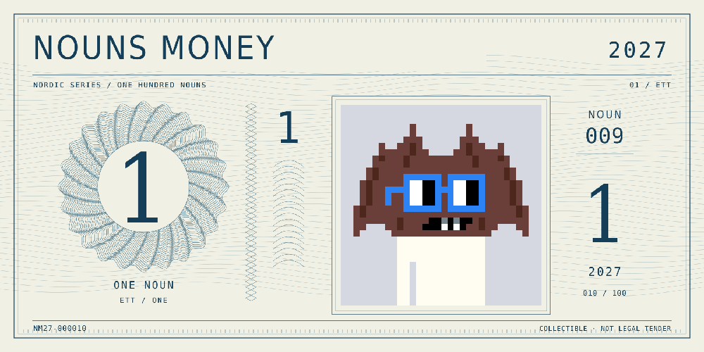 Nouns Money Nordic 2027 design with authentic Noun #9, design serial NM27-000010
