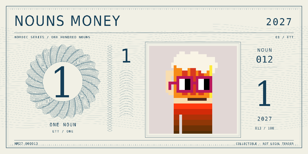 Nouns Money Nordic 2027 design with authentic Noun #12, design serial NM27-000013