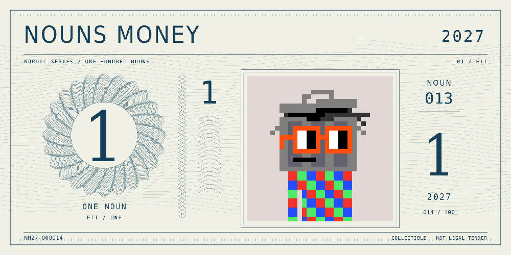 Nouns Money Nordic 2027 design with authentic Noun #13, design serial NM27-000014