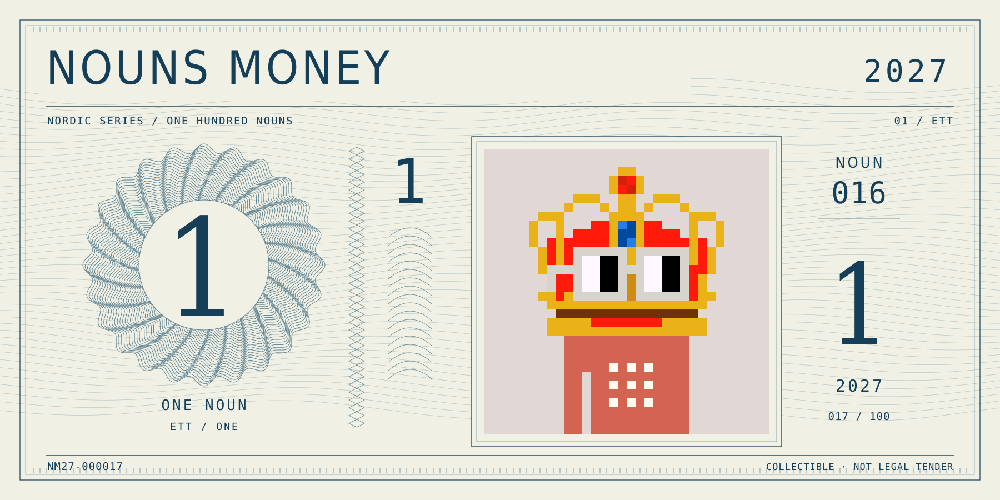 Nouns Money Nordic 2027 design with authentic Noun #16, design serial NM27-000017