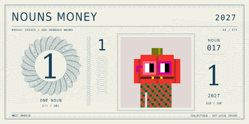 Nouns Money Nordic 2027 design with authentic Noun #17, design serial NM27-000018