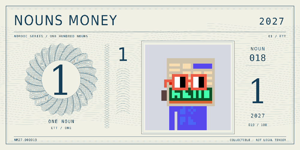 Nouns Money Nordic 2027 design with authentic Noun #18, design serial NM27-000019